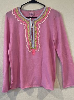 NWT PALMER JONES TRICOT Vintage Y2K Crystal‎ Pink Cashmere Applique V Sweater LG